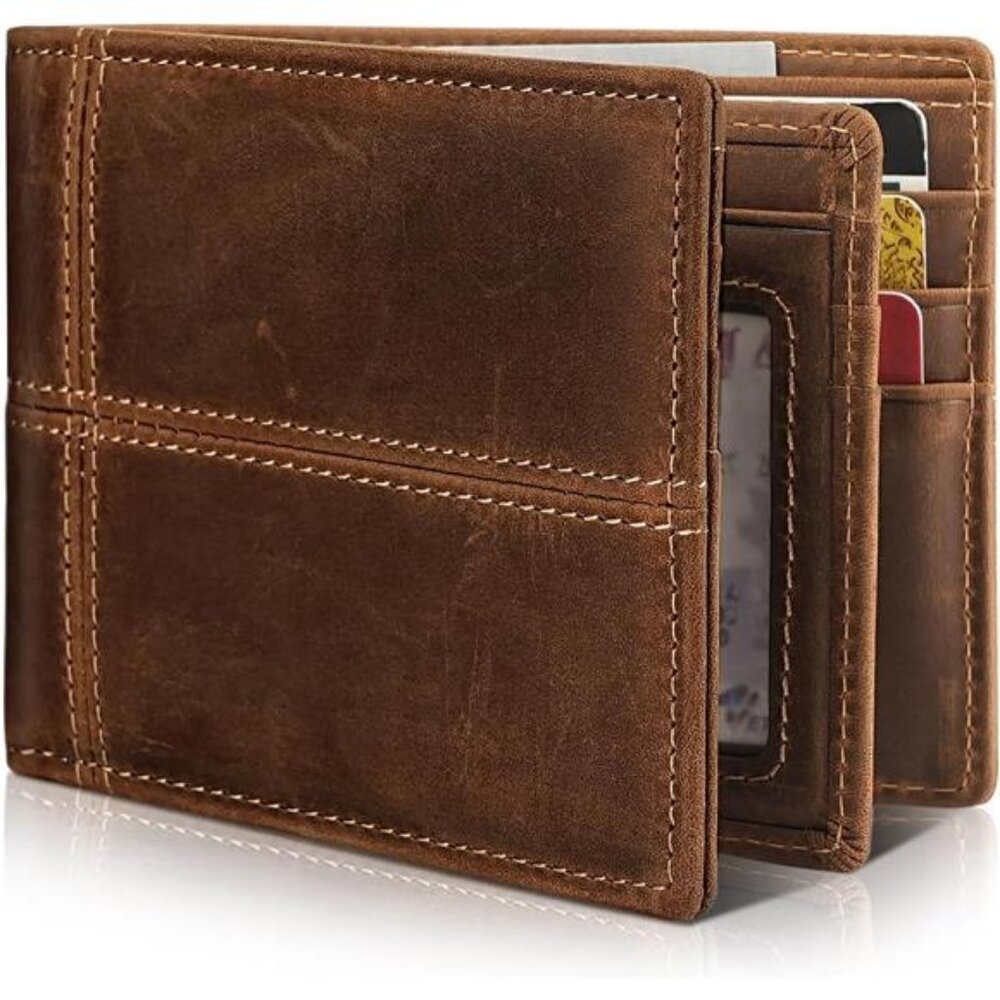 Mens Wallet Bifold Genuine Leather RFID Blocking Wallet for Men with 1 ID Window